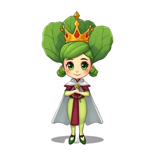 bok choy dressed as a queen, with a crown and cape, slim, beautiful, anthropomorphized, with pigtails, using bright and natural colors.