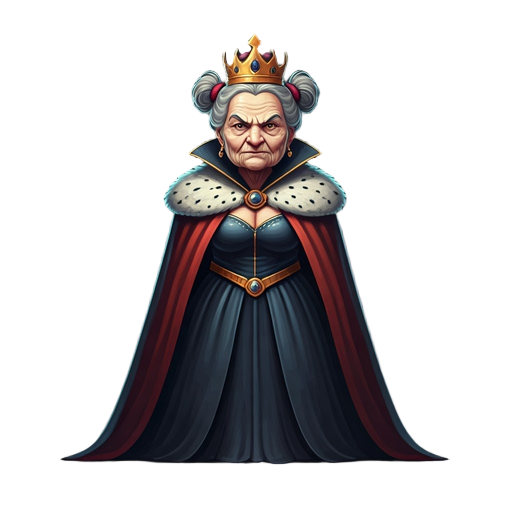 elderly oil dressed as a queen, with a crown and cape, slim, beautiful, anthropomorphized, with pigtails, using dark colors. face with an enemy-like expression