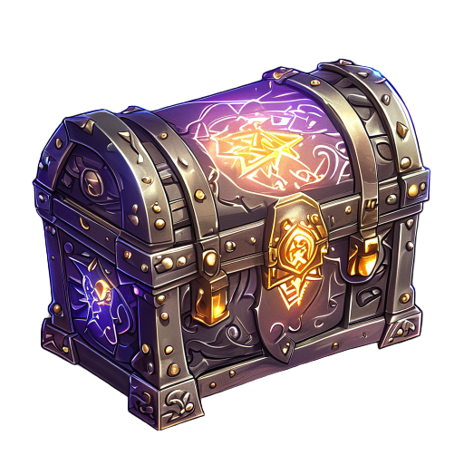 enchanted chest with metal corners, detailed carvings, and glowing runes. fits anime fantasy style with a mystical look that stands out in the game interface.
