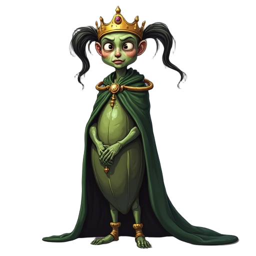 elderly vegetable oil dressed as a queen, with a crown and cape, slim, beautiful, anthropomorphized, with pigtails, using dark colors. face with an enemy-like expression.