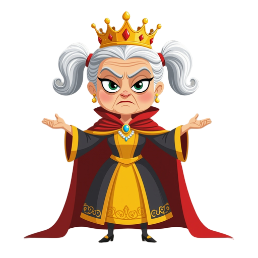 elderly oil dressed as a queen, with a crown and cape, slim, beautiful, anthropomorphized, with pigtails, using dark colors. face with an enemy-like expression