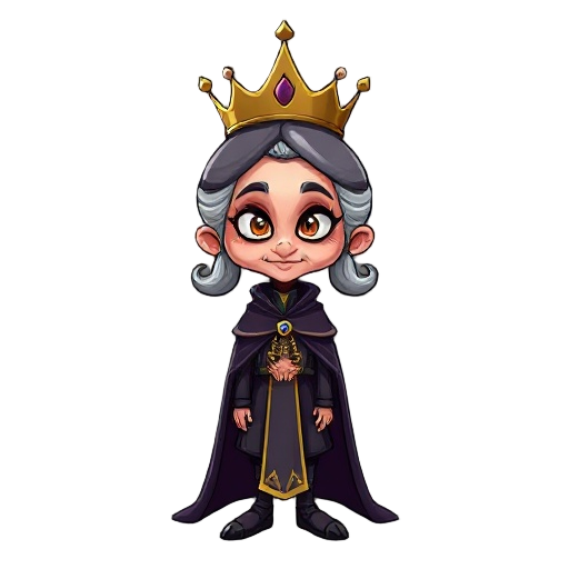 elderly oil dressed as a queen, with a crown and cape, slim, beautiful, anthropomorphized, with pigtails, using dark colors. face with an enemy-like expression