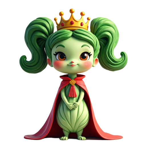 bok choy dressed as a queen, with a crown and cape, slim, beautiful, anthropomorphized, with pigtails, using bright and natural colors.