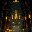 dark ruined cathedral with golden oil, broken pillars, statue of pots, flickering cages, layers of oil, glowing stained glass. view top down