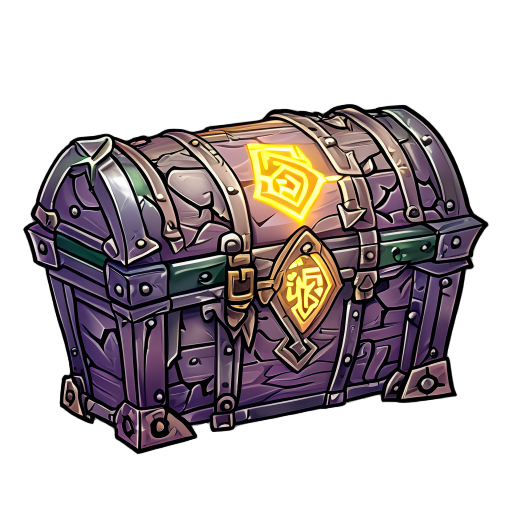 enchanted chest with metal corners, detailed carvings, and glowing runes. fits anime fantasy style with a mystical look that stands out in the game interface.