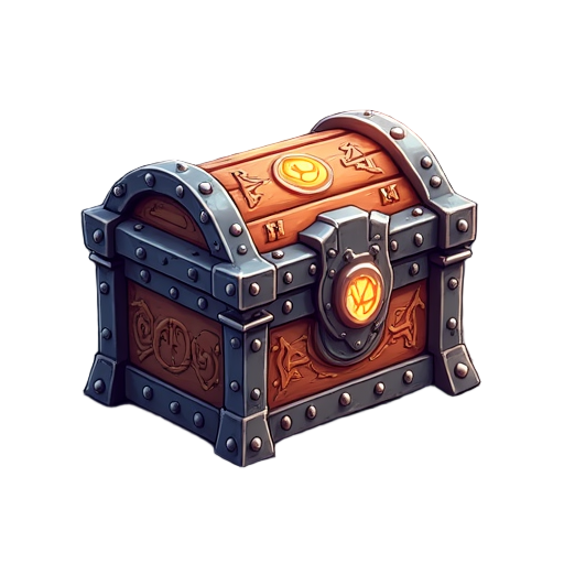 enchanted chest with metal corners, detailed carvings, and glowing runes. fits anime fantasy style with a mystical look that stands out in the game interface.