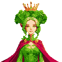bok choy dressed as a queen, with a crown and cape, slim, beautiful, anthropomorphized, with pigtails, using bright and natural colors.