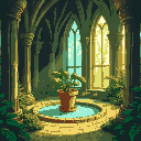 enchanted vegetable cathedral with carved pillars, glowing stained glass, a central water fountain, and a pot statue. bright, natural colors and a magical, organic atmosphere.