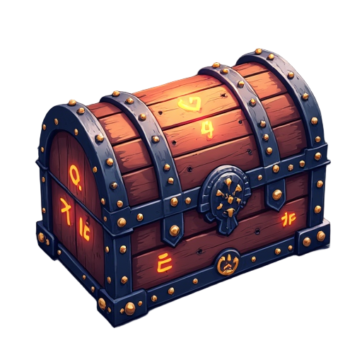 enchanted chest with metal corners, detailed carvings, and glowing runes. fits anime fantasy style with a mystical look that stands out in the game interface.