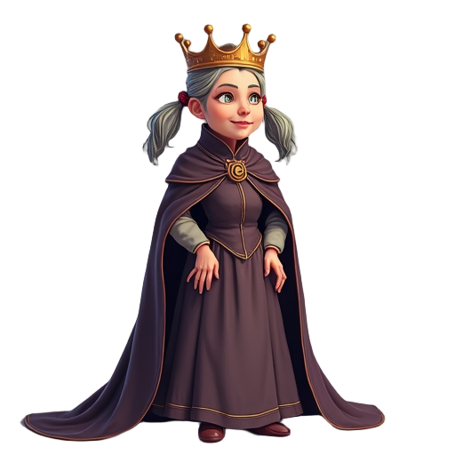 elderly vegetable oil dressed as a queen, with a crown and cape, slim, beautiful, anthropomorphized, with pigtails, using dark colors. face with an enemy-like expression.