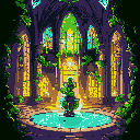 enchanted vegetable cathedral with carved pillars, glowing stained glass, a central water fountain, and a pot statue. bright, natural colors and a magical, organic atmosphere.