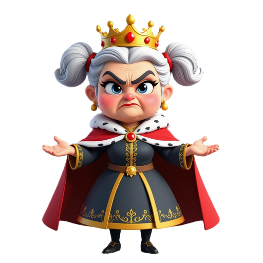 elderly oil dressed as a queen, with a crown and cape, slim, beautiful, anthropomorphized, with pigtails, using dark colors. face with an enemy-like expression