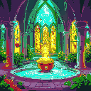 o chatgpt disse: enchanted vegetable cathedral with carved pillars, glowing stained glass, a central water fountain, and a pot statue. bright, natural colors and a magical, organic atmosphere.