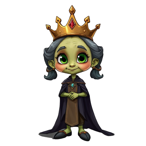 elderly vegetable oil dressed as a queen, with a crown and cape, slim, beautiful, anthropomorphized, with pigtails, using dark colors. face with an enemy-like expression.