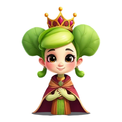 bok choy dressed as a queen, with a crown and cape, slim, beautiful, anthropomorphized, with pigtails, using bright and natural colors.
