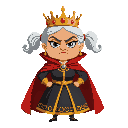 elderly oil dressed as a queen, with a crown and cape, slim, beautiful, anthropomorphized, with pigtails, using dark colors. face with an enemy-like expression