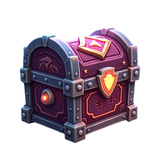 enchanted chest with metal corners, detailed carvings, and glowing runes. fits anime fantasy style with a mystical look that stands out in the game interface.