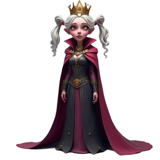 elderly oil dressed as a queen, with a crown and cape, slim, beautiful, anthropomorphized, with pigtails, using dark colors. face with an enemy-like expression