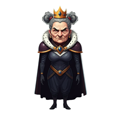 elderly oil dressed as a queen, with a crown and cape, slim, beautiful, anthropomorphized, with pigtails, using dark colors. face with an enemy-like expression