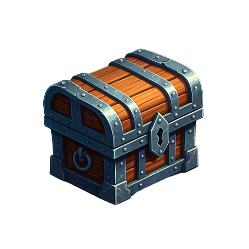 enchanted chest with metal corners, detailed carvings, and glowing runes. fits anime fantasy style with a mystical look that stands out in the game interface.