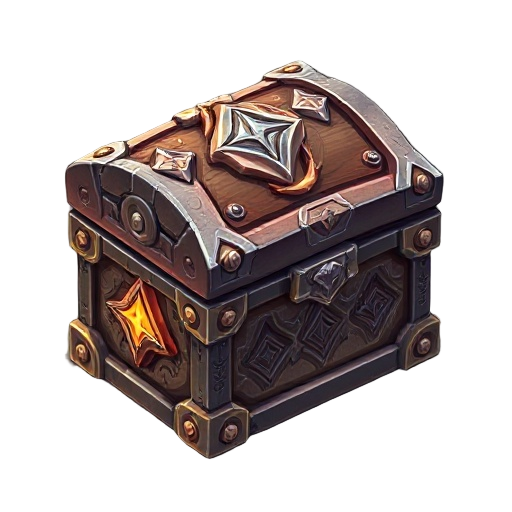 enchanted chest with metal corners, detailed carvings, and glowing runes. fits anime fantasy style with a mystical look that stands out in the game interface.