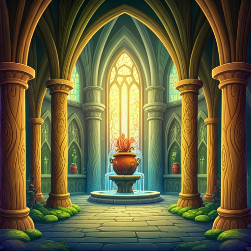 enchanted vegetable cathedral with carved pillars, glowing stained glass, a central water fountain, and a pot statue. bright, natural colors and a magical, organic atmosphere.