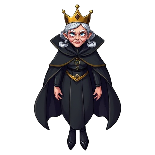 elderly oil dressed as a queen, with a crown and cape, slim, beautiful, anthropomorphized, with pigtails, using dark colors. face with an enemy-like expression