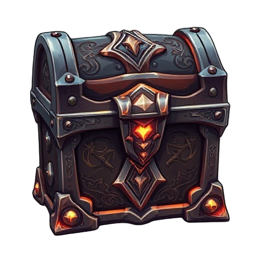 enchanted chest with metal corners, detailed carvings, and glowing runes. fits anime fantasy style with a mystical look that stands out in the game interface. 