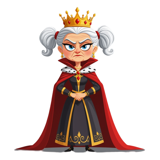 elderly oil dressed as a queen, with a crown and cape, slim, beautiful, anthropomorphized, with pigtails, using dark colors. face with an enemy-like expression