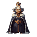elderly oil dressed as a queen, with a crown and cape, slim, beautiful, anthropomorphized, with pigtails, using dark colors. face with an enemy-like expression