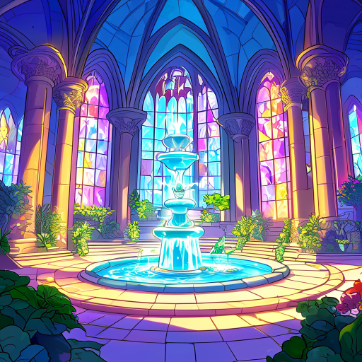 o chatgpt disse: enchanted vegetable cathedral with carved pillars, glowing stained glass, a central water fountain, and a pot statue. bright, natural colors and a magical, organic atmosphere.
