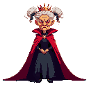 elderly vegetable oil dressed as a queen, with a crown and cape, slim, beautiful, anthropomorphized, with pigtails, using dark colors. face with an enemy-like expression.