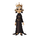 elderly vegetable oil dressed as a queen, with a crown and cape, slim, beautiful, anthropomorphized, with pigtails, using dark colors. face with an enemy-like expression.