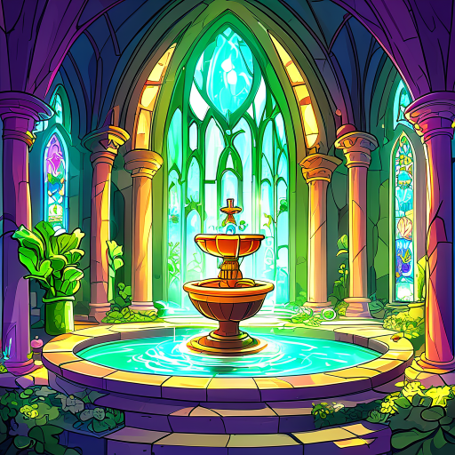 enchanted vegetable cathedral with carved pillars, glowing stained glass, a central water fountain, and a pot statue. bright, natural colors and a magical, organic atmosphere.