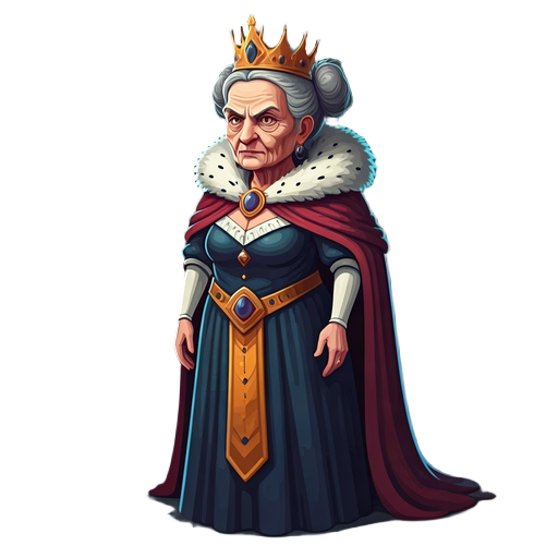 elderly oil dressed as a queen, with a crown and cape, slim, beautiful, anthropomorphized, with pigtails, using dark colors. face with an enemy-like expression