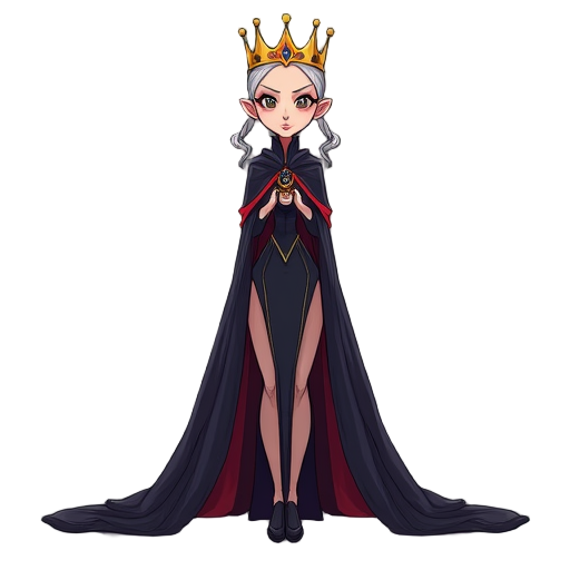 elderly oil dressed as a queen, with a crown and cape, slim, beautiful, anthropomorphized, with pigtails, using dark colors. face with an enemy-like expression