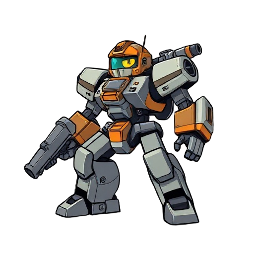 um mecha de mineração com o seu piloto aparente, no lugar da mão esquerda o mecha terá um broca e não mão direita ele terá uma escopeta 