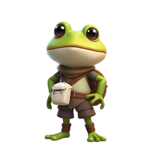 a humanoid frog, adventurer clothes, white a little shoulder bag.