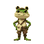 a humanoid frog, adventurer clothes, white a little shoulder bag.