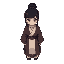 a woman with black hair in a bun wearing a priests robes