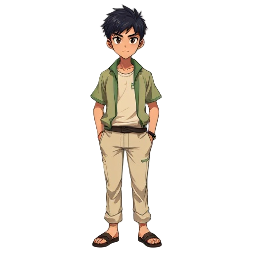 joven asiático de 17 años, pelo negro corto y desordenado, cicatriz en ceja. gi verde oliva abierto, camiseta beige, cinturón negro, pantalón crema, descalzo. expresión seria, postura firme. estilo anime sobrio.