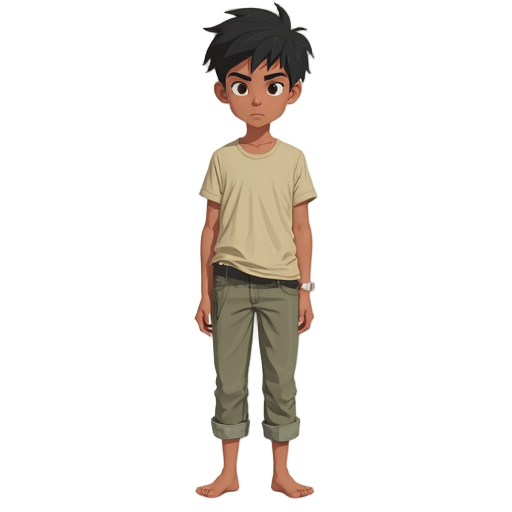 joven asiático de 17 años, pelo negro corto y desordenado, cicatriz en ceja. gi verde oliva abierto, camiseta beige, cinturón negro, pantalón crema, descalzo. expresión seria, postura firme. estilo anime sobrio.