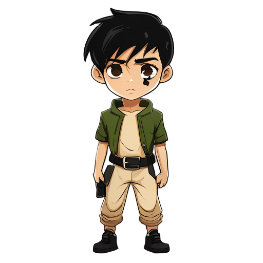 joven asiático de 17 años, pelo negro corto y desordenado, cicatriz en ceja. gi verde oliva abierto, camiseta beige, cinturón negro, pantalón crema, descalzo. expresión seria, postura firme. estilo anime sobrio.