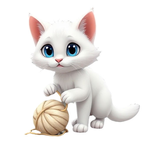 a white cat with blue eyes playing with a ball of wool