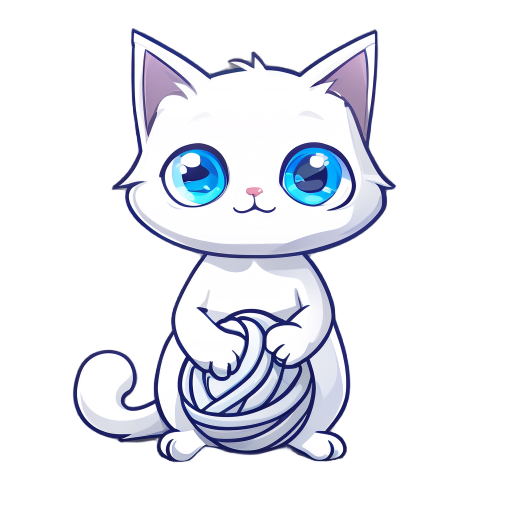 a white cat with blue eyes playing with a ball of wool