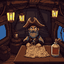 a pixel art scene of a pirate inside a ship’s cabin, designed in a retro rpg game style. the cabin is dimly lit by lanterns, with wooden walls, a treasure map on the table, a rum bottle