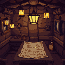 a pixel art scene of a ship’s cabin, designed in a retro rpg game style. the cabin is dimly lit by lanterns, with wooden walls, a treasure map on the table, a rum bottle 