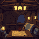a pixel art scene of a ship’s cabin, designed in a retro rpg game style. the cabin is dimly lit by lanterns, with wooden walls, a treasure map on the table, a rum bottle 
