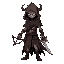 the demon hunter wears a tattered,, leaving only a shadowy void under the hood. one hand holds a crossbow and the other a longsword, both naturally hanging down with the weapons clearly visible. the character has a sickly, emaciated build, with subtle clo