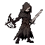 a cloaked demon hunter, slender and hunched, holds a crossbow in one hand and a longsword in the other, his hands hanging normally, both weapons in hand. his face is shrouded in the cloak, making it impossible to discern, with only his weapons visible.  s